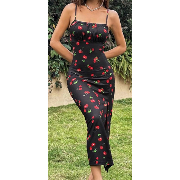 Unbranded Dresses & Skirts - Women's Black Red Cherry Print Midi Dress L